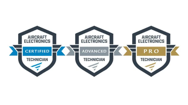Three illustrations of shields that represent different levels of CAET certification, with labels on them that read, 'Aircraft Electronics Technician' with three options: Certified, Advanced, Pro