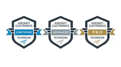 Three illustrations of shields that represent different levels of CAET certification, with labels on them that read, 'Aircraft Electronics Technician' with three options: Certified, Advanced, Pro Three illustrations of shields that represent different levels of CAET certification, with labels on them that read, 'Aircraft Electronics Technician' with three options: Certified, Advanced, Pro