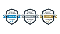 Three illustrations of shields that represent different levels of CAET certification, with labels on them that read, 'Aircraft Electronics Technician' with three options: Certified, Advanced, Pro Three illustrations of shields that represent different levels of CAET certification, with labels on them that read, 'Aircraft Electronics Technician' with three options: Certified, Advanced, Pro