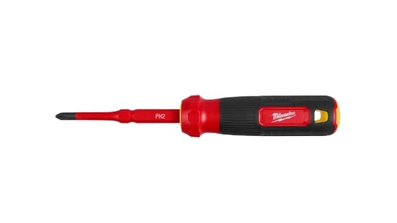 A red screwdriver with a black handle that features a red label that reads: Milwaukee
