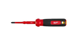 A red screwdriver with a black handle that features a red label that reads: Milwaukee A red screwdriver with a black handle that features a red label that reads: Milwaukee