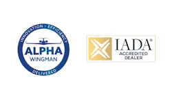 A blue circular logo with text that reads: 'Alpha Wingman Innovation Efficiency Delivered' and a gold logo with black text that reads: 'IADA Accredited Dealer' A blue circular logo with text that reads: 'Alpha Wingman Innovation Efficiency Delivered' and a gold logo with black text that reads: 'IADA Accredited Dealer'