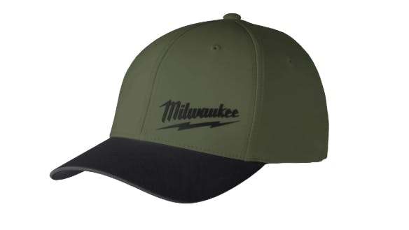 A dark green hat with a black brim and black text stitched on it that reads: Milwaukee