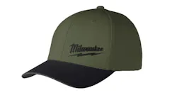 A dark green hat with a black brim and black text stitched on it that reads: Milwaukee A dark green hat with a black brim and black text stitched on it that reads: Milwaukee