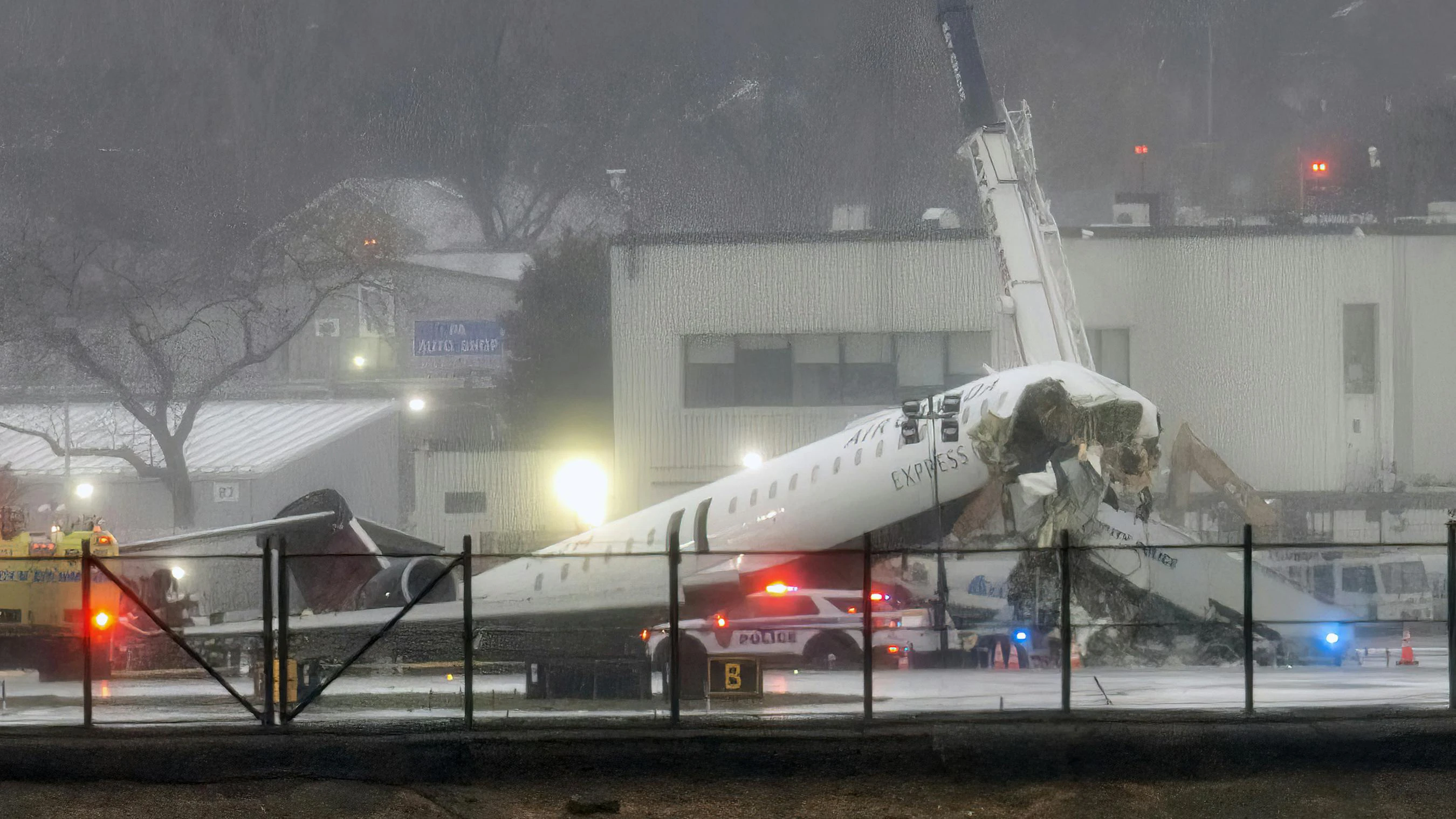 A plane crashed on the ground with its nose destroyed in nighttime lighting with snow