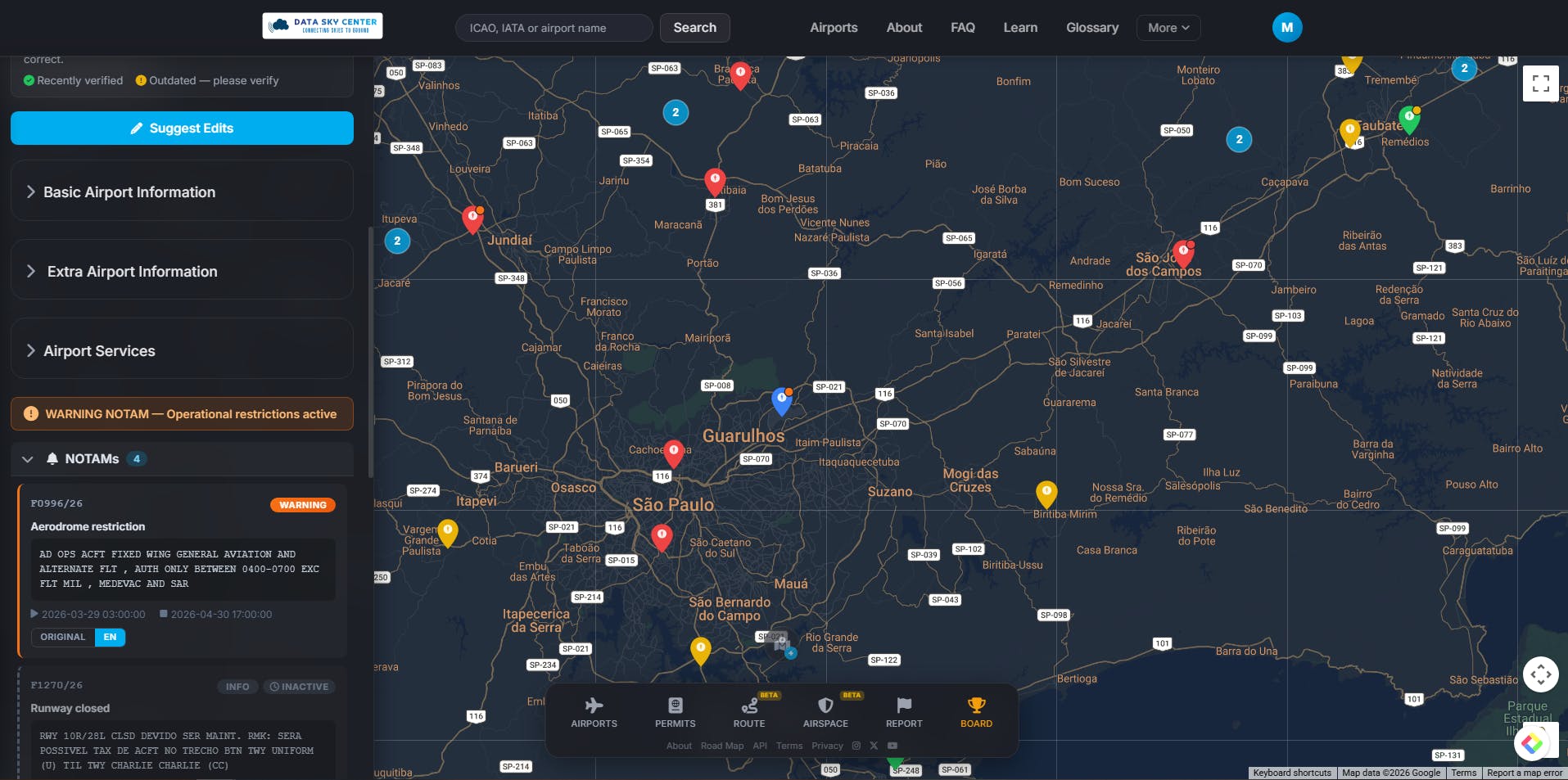 Data Sky Center v2.0 interactive airport map with real-time NOTAMs