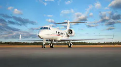 A white airplane with red and green stripes on the side parked on a tarmac outdoors with a blue sky behind it