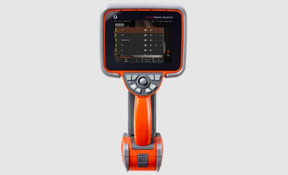 An orange borescope device with silver buttons and a black screen