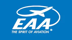 A logo with a blue background and white illustration of an airplane flying over white text that reads: EAA The spirit of aviation A logo with a blue background and white illustration of an airplane flying over white text that reads: EAA The spirit of aviation