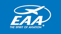 A logo with a blue background and white illustration of an airplane flying over white text that reads: EAA The spirit of aviation A logo with a blue background and white illustration of an airplane flying over white text that reads: EAA The spirit of aviation