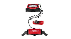 A red and black headlamp attached to a red and black battery with a black cord A red and black headlamp attached to a red and black battery with a black cord