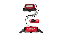 A red and black headlamp attached to a red and black battery with a black cord A red and black headlamp attached to a red and black battery with a black cord