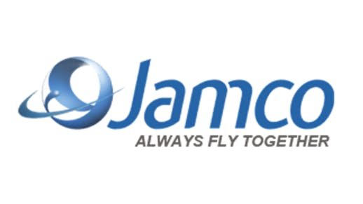 A blue logo with text that reads: JAMCO Always Fly Together