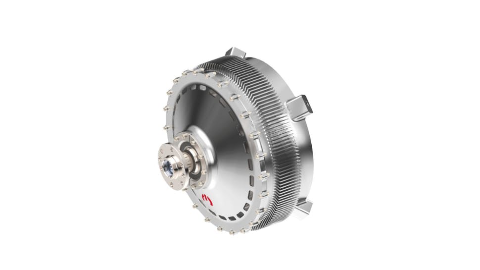 A rendering of a chrome-colored aircraft engine