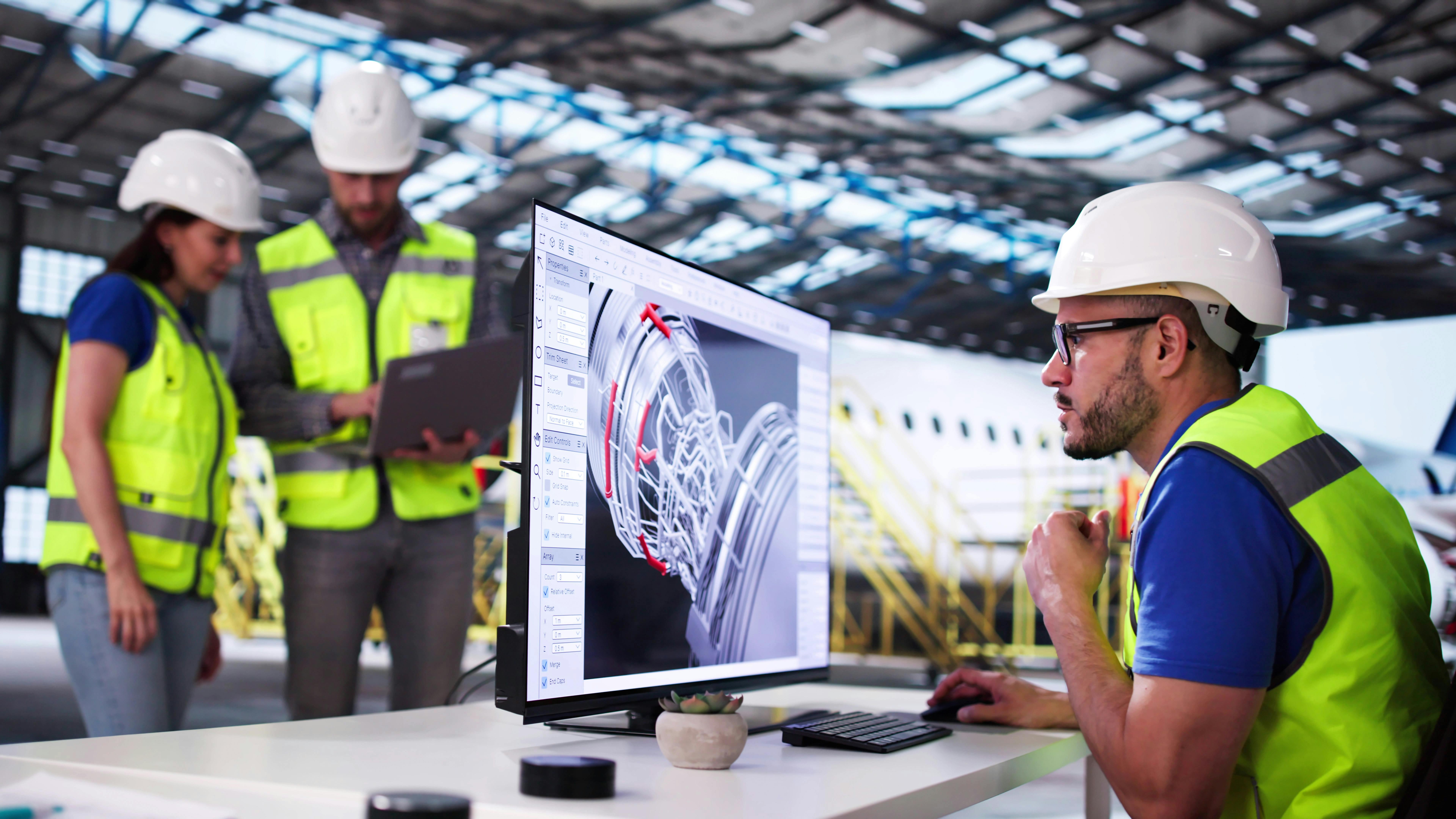 A man wearing a high-visibility vest and hard hat looking at aircraft maintenance data on a desktop computer, with two other maintenance technicians looking at a tablet in the background