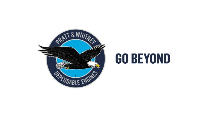 A blue and black circular logo with an illustration of an eagle flying through it, featuring text that reads: Pratt & Whitney dependable engines go beyond