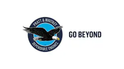 A blue and black circular logo with an illustration of an eagle flying through it, featuring text that reads: Pratt & Whitney dependable engines go beyond A blue and black circular logo with an illustration of an eagle flying through it, featuring text that reads: Pratt & Whitney dependable engines go beyond