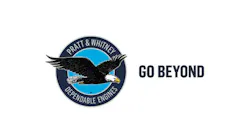 A blue and black circular logo with an illustration of an eagle flying through it, featuring text that reads: Pratt & Whitney dependable engines go beyond A blue and black circular logo with an illustration of an eagle flying through it, featuring text that reads: Pratt & Whitney dependable engines go beyond