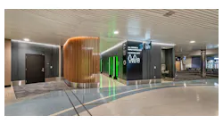 Renovated restroom facilities at Oakland International Airport reflect a hospitality-inspired approach to passenger experience and design.