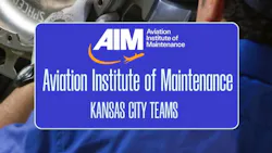 A blue graphic laid over a photograph of aircraft maintenance, with the graphic displaying text that reads: AIM Aviation Institute of Maintenance Kansas City Teams A blue graphic laid over a photograph of aircraft maintenance, with the graphic displaying text that reads: AIM Aviation Institute of Maintenance Kansas City Teams