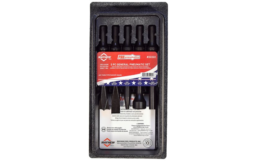 A set of black hand tools with a label that reads: MAYHEW 5 Pc. General Pneumatic Set