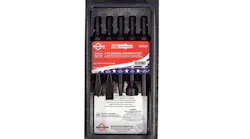 A set of black hand tools with a label that reads: MAYHEW 5 Pc. General Pneumatic Set A set of black hand tools with a label that reads: MAYHEW 5 Pc. General Pneumatic Set