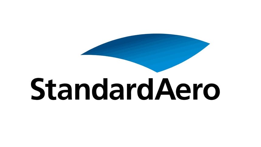 A blue and white logo with black text that reads: StandardAero