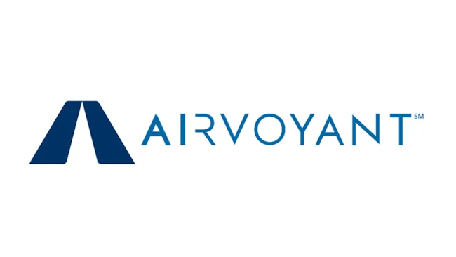 A logo with a white background, a dark blue triangle and blue text that reads: AIRVOYANT