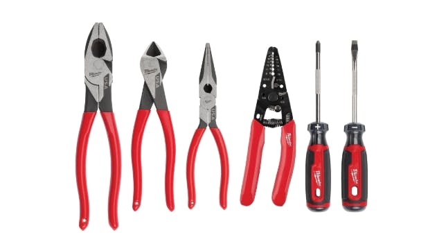 A set of six wire strippers, pliers and screwdrivers with red and black handles