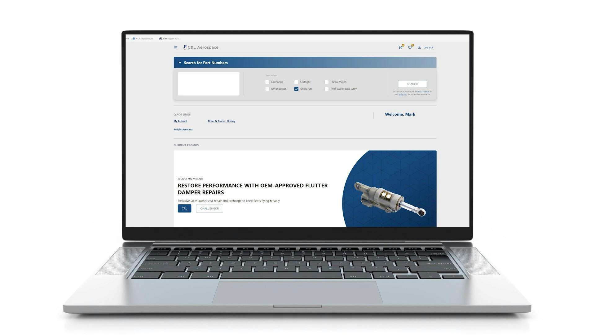 A laptop showing a landing page for an aircraft parts marketplace