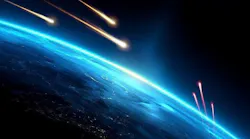A rendering of Earth shown from space with missiles flying around the atmosphere A rendering of Earth shown from space with missiles flying around the atmosphere