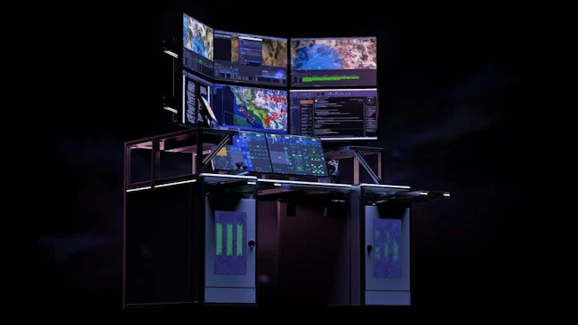 A large computer system with various screens showing geospatial and aviation data