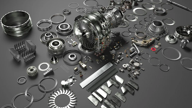 A collection of metal parts spread out on a gray surface