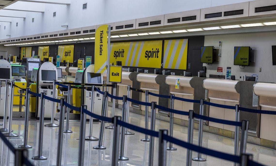 View of a deserted Spirit Airlines counter at Fort Lauderdale-Hollywood International Airport on Saturda,y May 2, 2026.