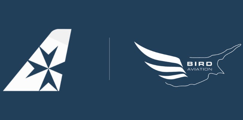 A graphic with a dark blue background and two white logos, one showing a graphic of a triangle and the other showing an illustration of a bird with the text 'Bird Aviation'