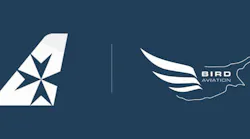 A graphic with a dark blue background and two white logos, one showing a graphic of a triangle and the other showing an illustration of a bird with the text 'Bird Aviation' A graphic with a dark blue background and two white logos, one showing a graphic of a triangle and the other showing an illustration of a bird with the text 'Bird Aviation'