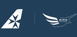 A graphic with a dark blue background and two white logos, one showing a graphic of a triangle and the other showing an illustration of a bird with the text 'Bird Aviation' A graphic with a dark blue background and two white logos, one showing a graphic of a triangle and the other showing an illustration of a bird with the text 'Bird Aviation'