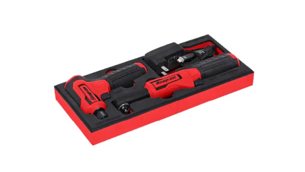 A red and black case holding two hand tools that are red and black
