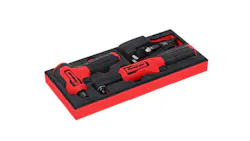 A red and black case holding two hand tools that are red and black A red and black case holding two hand tools that are red and black