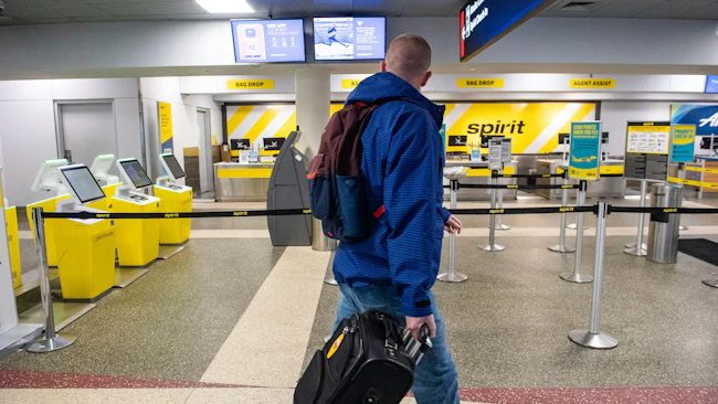 The bag drop and customer service counters at the departures terminal for Spirit airlines sit empty as operations ceased for the company at Logan Airport on Saturday, May 2, 2026, in Boston. (Joseph Prezioso/AFP/Getty Images/TNS)