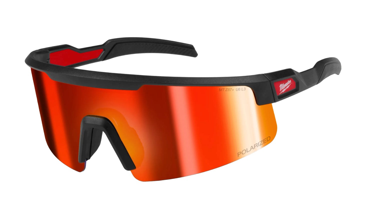 A pair of glasses with bright orange lenses and black arms with a label that says 'Milwaukee' on the side