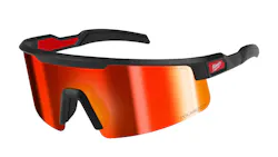 A pair of glasses with bright orange lenses and black arms with a label that says 'Milwaukee' on the side A pair of glasses with bright orange lenses and black arms with a label that says 'Milwaukee' on the side