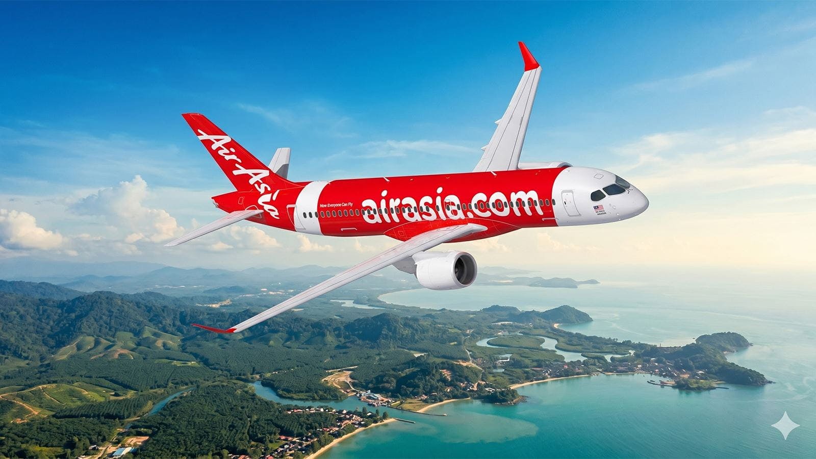 A red and white airplane with 'AirAsia' and 'airasia.com' printed on the side flying above an island