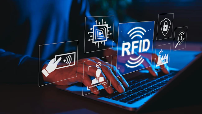 A pair of hands typing on a keyboard with icons floating in the air symbolizing RFID technology, while the whole image is bathed in blue light
