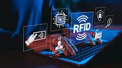 A pair of hands typing on a keyboard with icons floating in the air symbolizing RFID technology, while the whole image is bathed in blue light A pair of hands typing on a keyboard with icons floating in the air symbolizing RFID technology, while the whole image is bathed in blue light