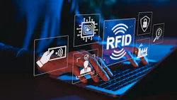 A pair of hands typing on a keyboard with icons floating in the air symbolizing RFID technology, while the whole image is bathed in blue light A pair of hands typing on a keyboard with icons floating in the air symbolizing RFID technology, while the whole image is bathed in blue light
