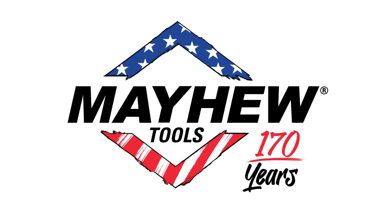A logo with a triangle colored in like the American flag and text that reads: Mayhew Tools 170 Years