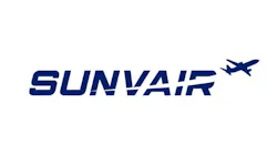 A logo with a white background and dark blue illustration of an airplane above dark blue text that reads: Sunvair A logo with a white background and dark blue illustration of an airplane above dark blue text that reads: Sunvair