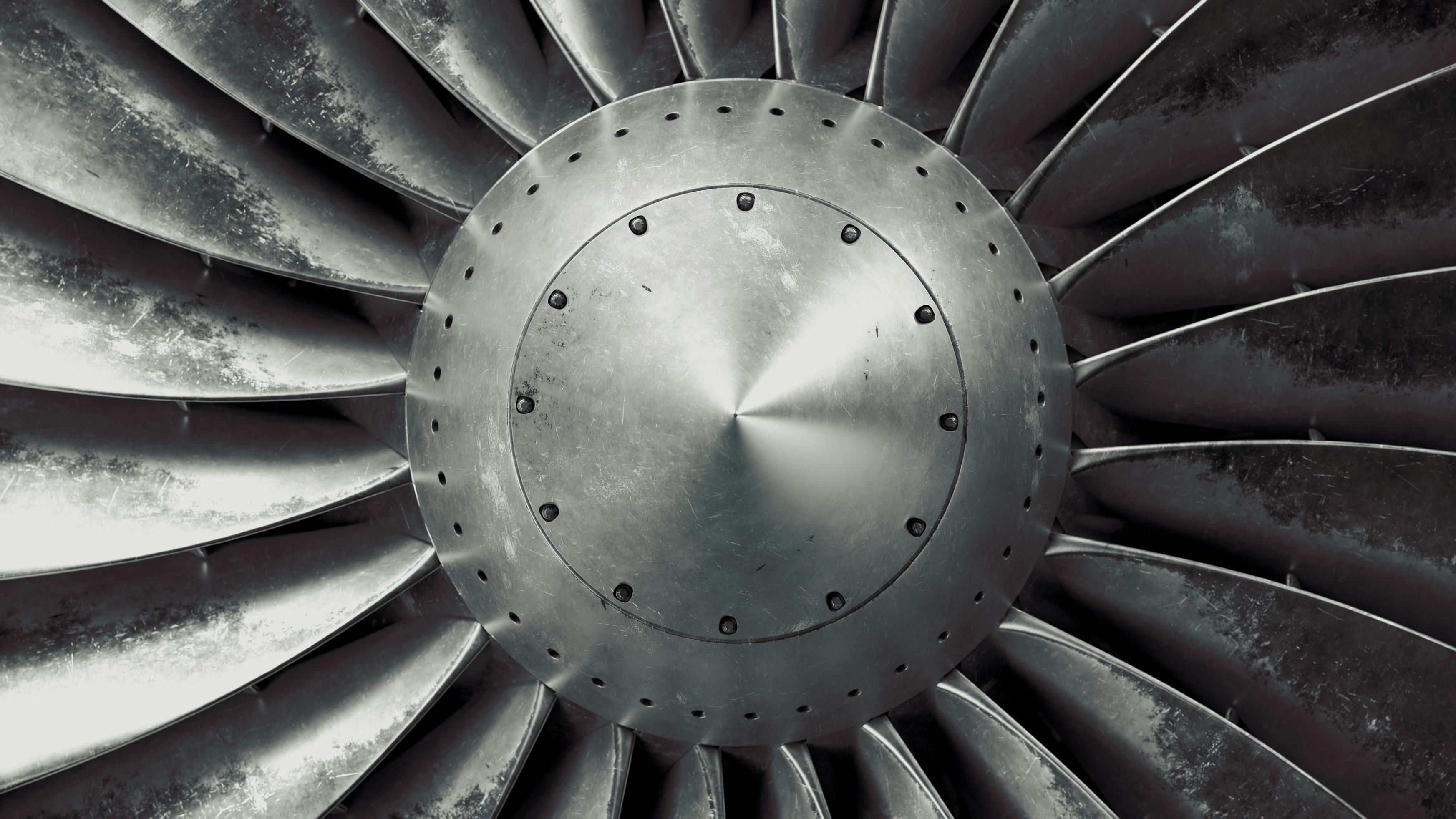 A zoomed-in photograph of an aircraft engine