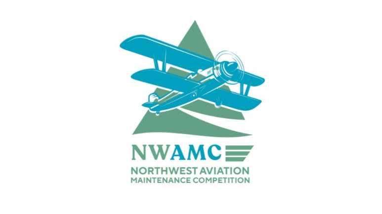 A blue and green logo showcasing illustrations of an airplane and a triangle with text that reads: NWAMC Northwest Aviation Maintenance Competition